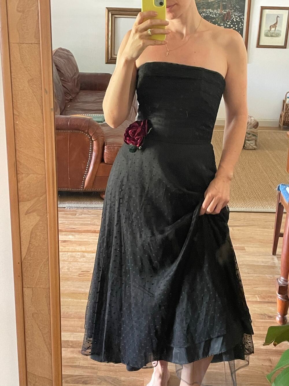Vintage Black Lace Dotted Swiss Strapless Midi Dress